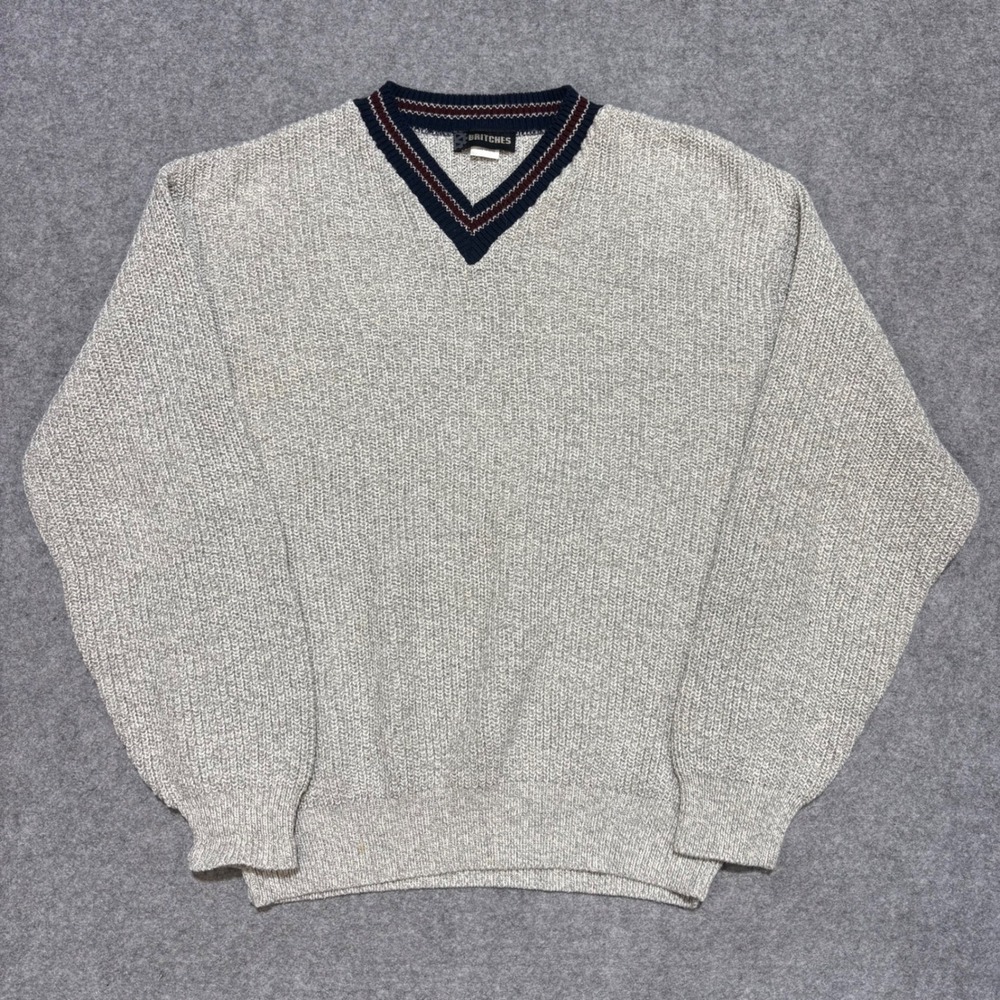 Britches Outdoors Mens Large Grey Cotton Shaker Knit V-Neck Sweater Made in USA